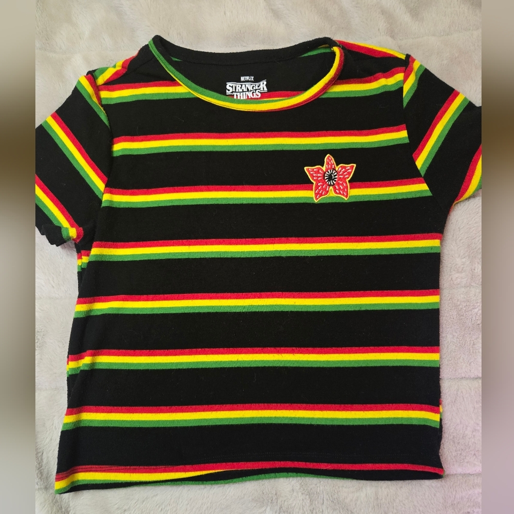 Her Universe Black Tee with Red, Yellow, and Green Stripes